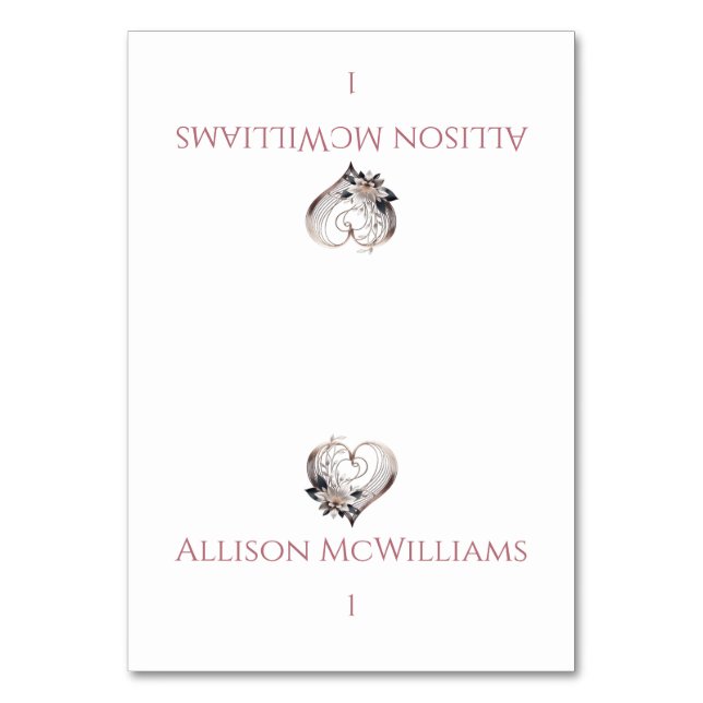 Bröllopsplatskort - Moderna rosa hjärtan med blomm Bordsnummer (Framsidan)