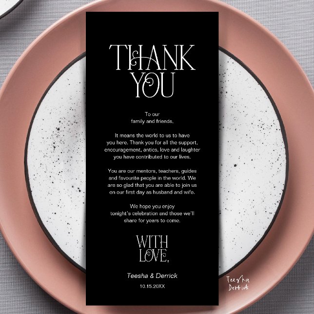 Bröllopsplatssättning Tack Elegant Svart Kort (Modern Minimalist Wedding Dinner Place Setting Thank You Classy Black Card)