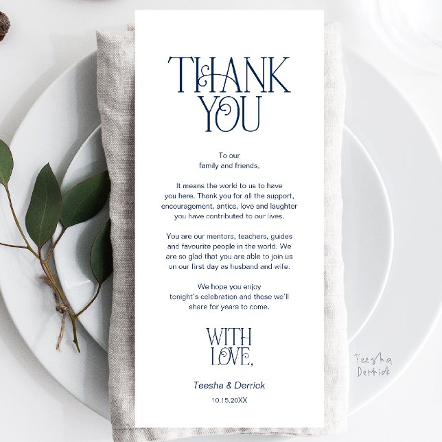 Bröllopsplatssättning Tack Navyblått Kort (Modern Minimalist Wedding Dinner Place Setting Thank You Navy Blue Card)