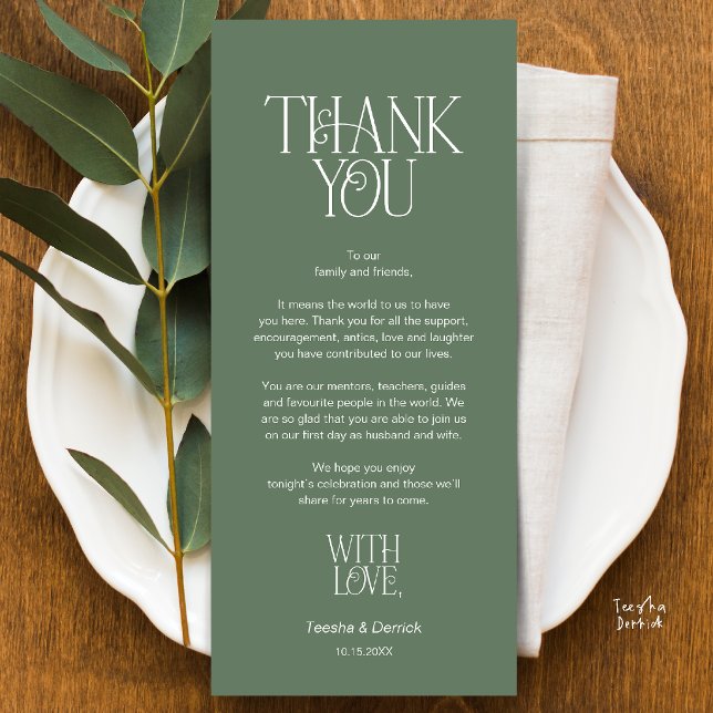 Bröllopsplatssättning Tack sagegrön Kort (Modern Minimalist Wedding Dinner Place Setting Thank You Sage Green Card)