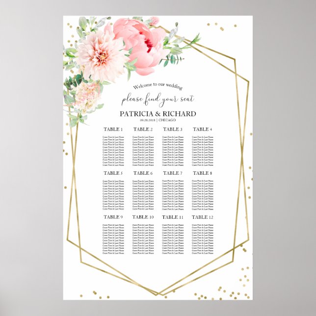 Bröllopsplatsschema Geometriskt Rosa Blomstermotiv Poster (Framsidan)
