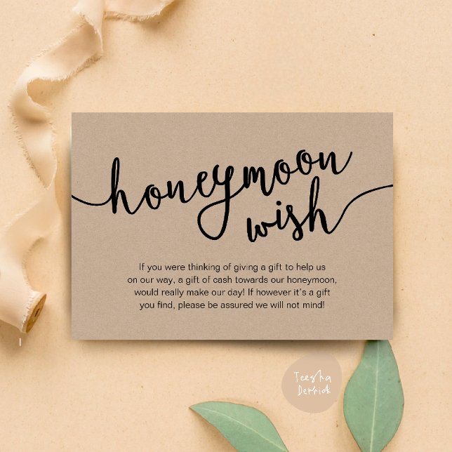 Bröllopspresent önskad kontant, Modern rustic bröl Tilläggskort (Honeymoon Fund Cash Wish, a note on gifts Enclosure Card Rustic Brown Kraft Background)