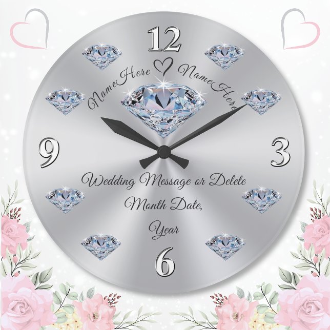 Bröllopspresenter för bedövande Personlig, Bröllop Stor Klocka (Personalized Wedding Clocks. Diamond wedding anniversary gifts or wedding wall clocks. Diamond theme)