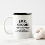 Bröllopspresenter för Brudgum Två-Tonad Mugg<br><div class="desc">Bröllopspresenter för Brudgum Tvåtons Kaffemugg designad av Nisha Prabhu. Ge den blivande brudgummen en present han kommer att minnas med denna stilrena tvåtons kaffemugg! Perfekt för hans morgonkaffe eller en mysig kväll hemma, är denna mugg en praktisk och sentimental present för hans möhippa som säkerställer att brudgummen börjar sin dag...</div>