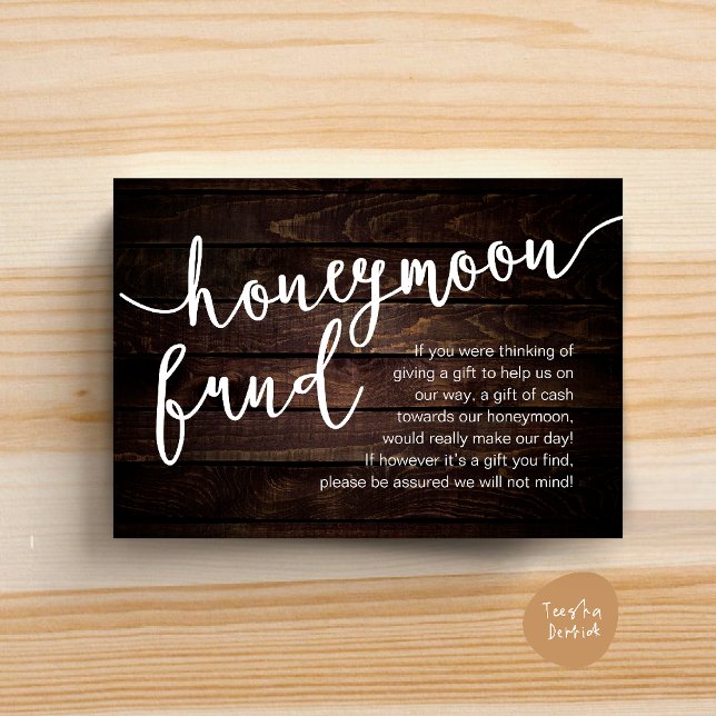 Bröllopspresentkontant, en notis om presenter tilläggskort (Honeymoon Fund Cash Wish, a note on gifts Enclosure Card Rustic Dark Wood)