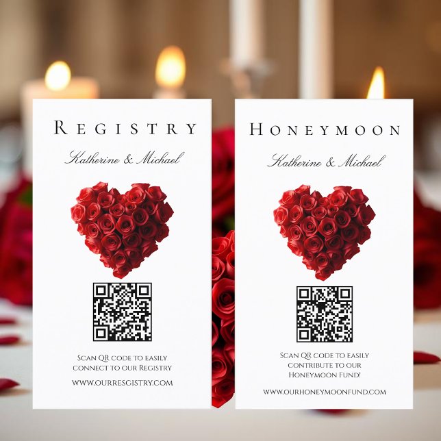 Bröllopspresentregistrering-Hjärta Formade Röda Ro Visitkort (Wedding Registry-Heart Shaped Red Roses- Registry and Honeymoon Fund)
