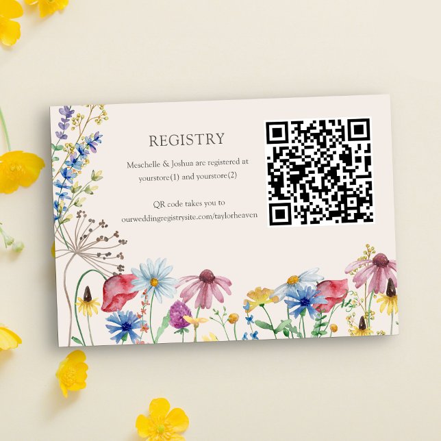 Bröllopspresentregistrering QR-kod Wildflower Coun Tilläggskort (Wedding Registry card with qr code, custom store name(s) and registry website address.)