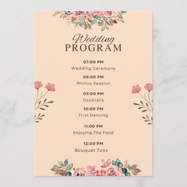 Bröllopsprogram – Akvarell Blommig Beige Design Program (Framsida)