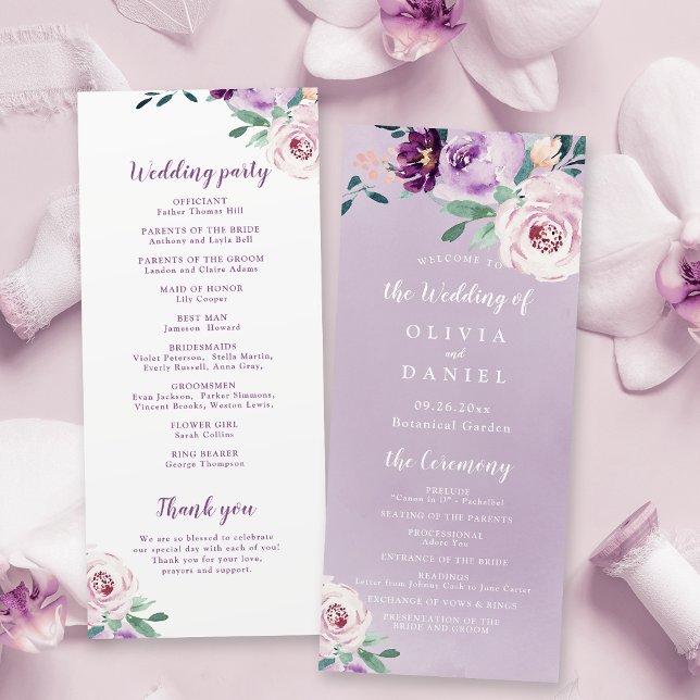 Bröllopsprogram av botanisk lila blommigt meny (Blooming botanical purple floral wedding program)