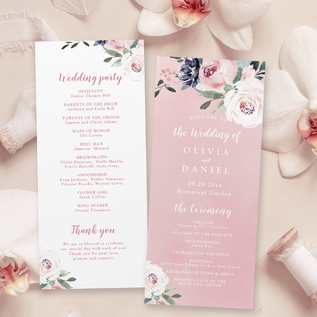Bröllopsprogram av botanisk rosa blommigt meny (Blooming botanical pink floral wedding program)