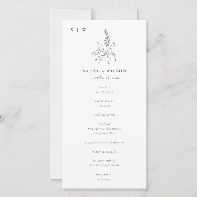 Bröllopsprogram av botaniskt Blommigt Sketch Monog Tack Kort (Framsida)