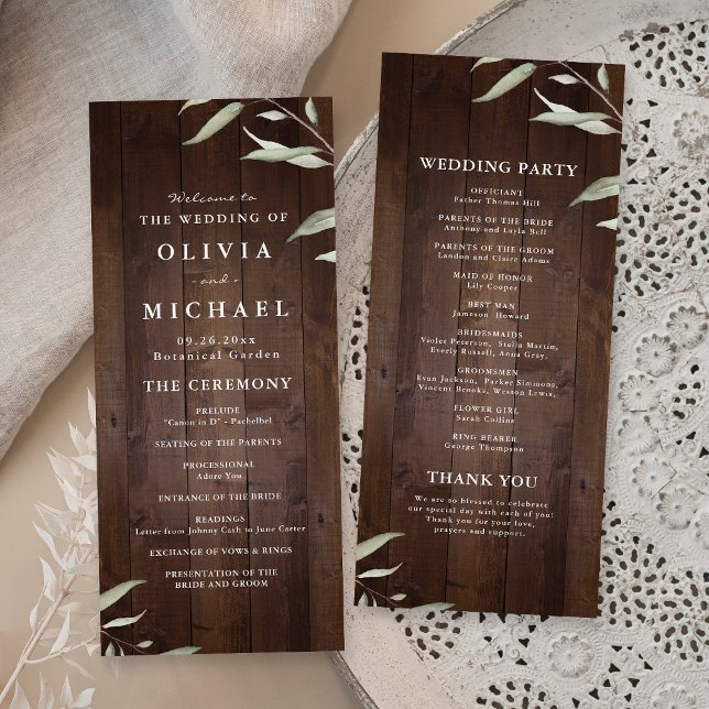bröllopsprogram av elegant av grönfoder från frisk meny (Elegant greenery barn wood rustic wedding program)