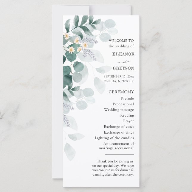 bröllopsprogram av elegant, vattenfärgad eukalyptu (Framsida)