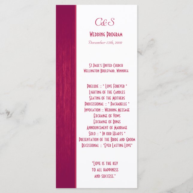 Bröllopsprogram av rosa/vitt träbete program (Framsida)