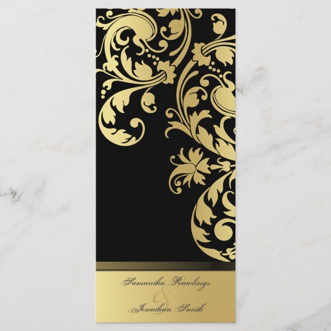 Bröllopsprogram - Blommigten Black & Guld Shimmer Program (Framsida)