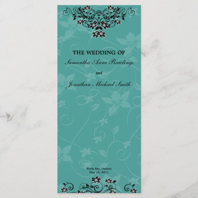 Bröllopsprogram - Blommigten Turquise Chandelier Program (Framsida)