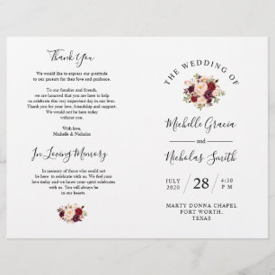 Bröllopsprogram Burgundy Watercolor Blommigt, FOLD
