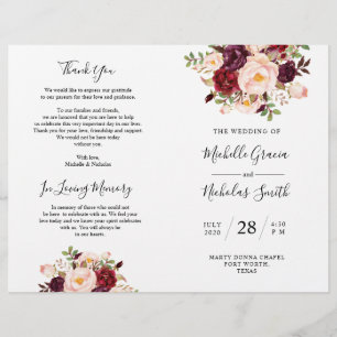 Bröllopsprogram Burgundy Watercolor Blommigt, FOLD