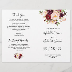 Bröllopsprogram Burgundy Watercolor Blommigt, FOLD