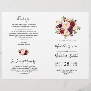 Bröllopsprogram Burgundy Watercolor Blommigt, FOLD