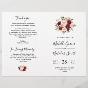 Bröllopsprogram Burgundy Watercolor Blommigt, FOLD
