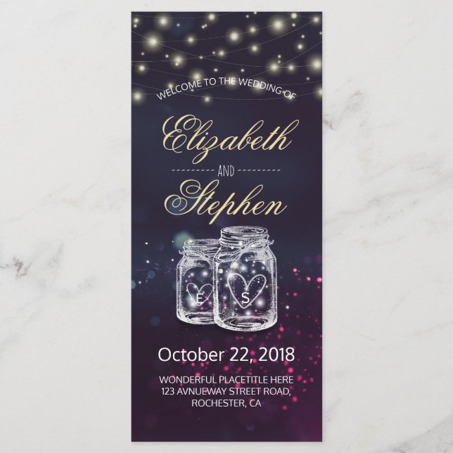 Bröllopsprogram Chic Mason Burk Lila String Light Program (Framsida)