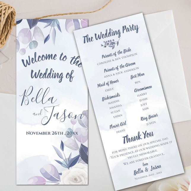 Bröllopsprogram Cute Watercolor Dusty Blue-Blommig Inbjudningar (Wedding Program Cute Watercolor Dusty Blue Floral)