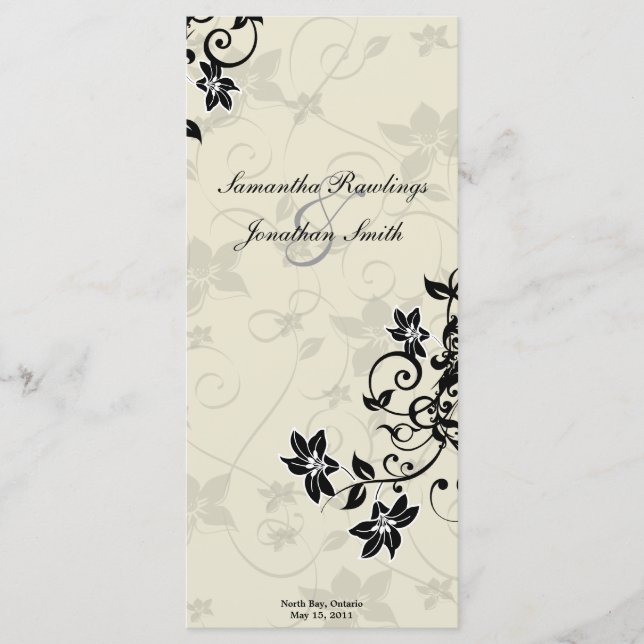Bröllopsprogram - Elegant Black & Ivory Blommigt Program (Framsida)