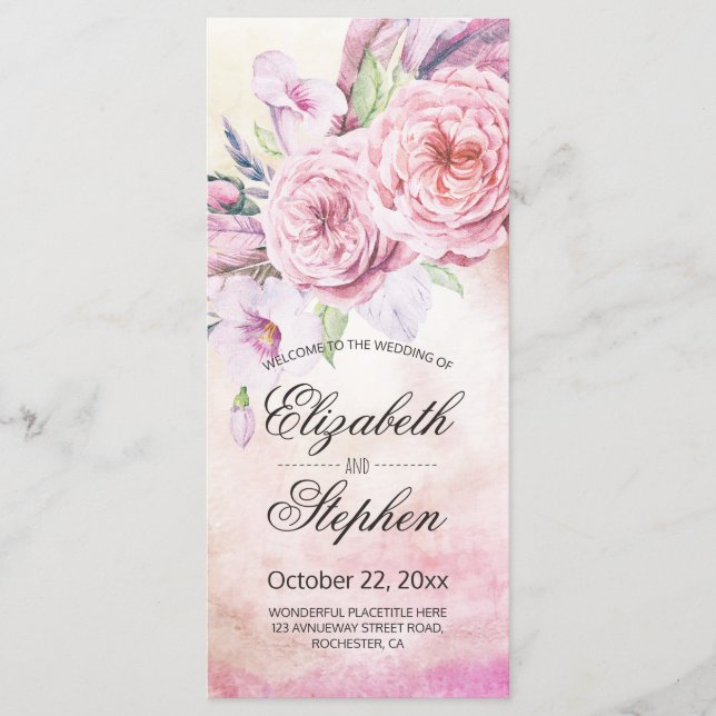 Bröllopsprogram Elegant Blommigten Vattenfärgsfjäd Program (Framsida)