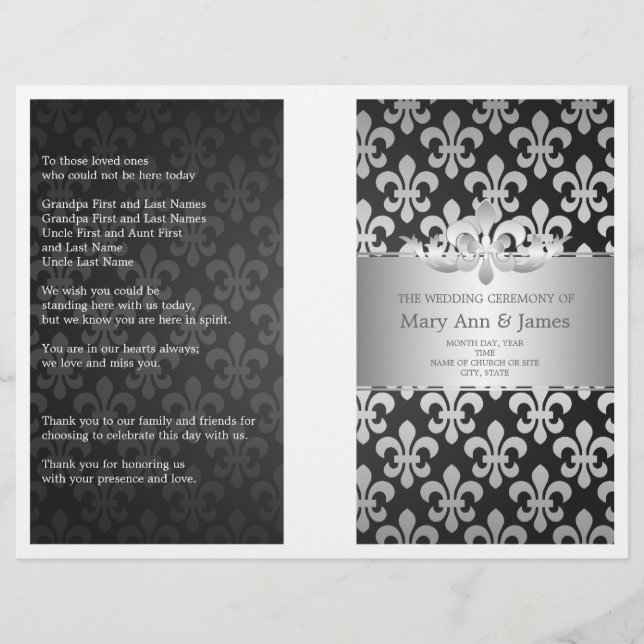 Bröllopsprogram Fleur De Lis Black (Framsida)