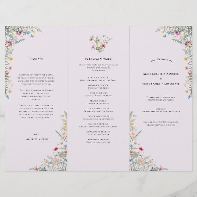 Bröllopsprogram Flyer för enkel Wildblomsterlavend (Framsida)