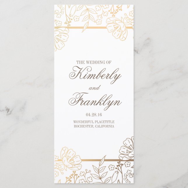 Bröllopsprogram för Blommigt av guld och vit Vinta Program (Framsida)