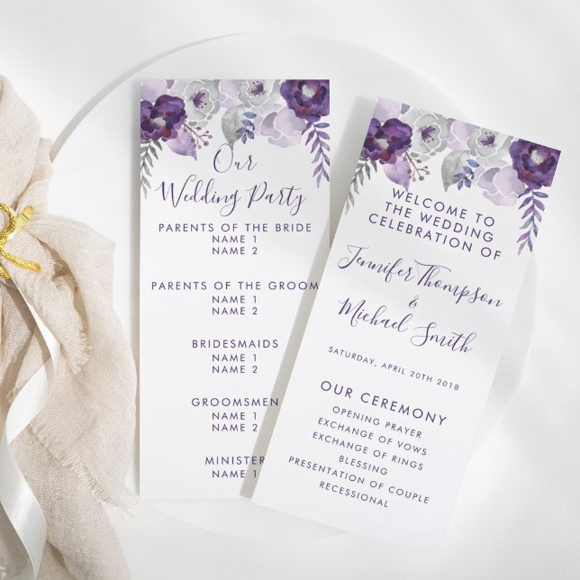 Bröllopsprogram för Blommigt av lila och Silver Program (Purple & Silver Watercolor Floral Wedding Program)
