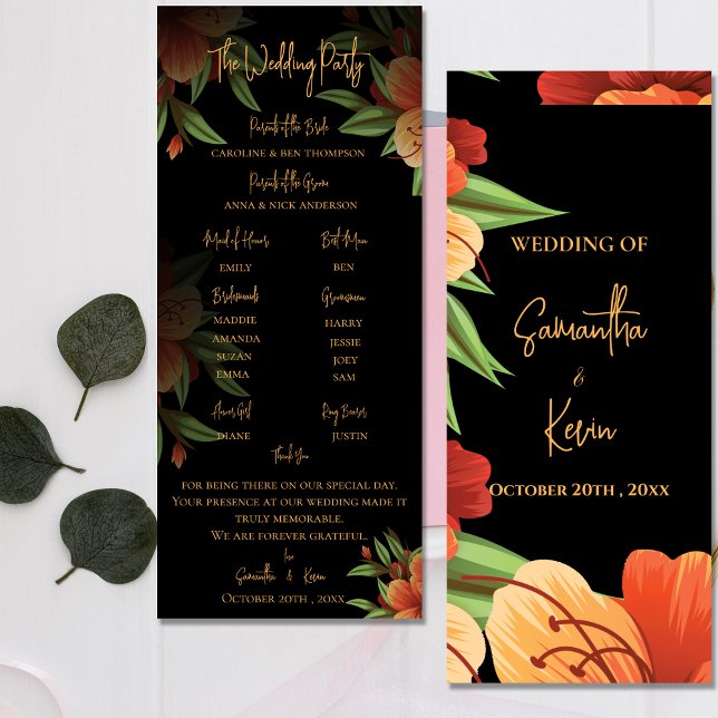 Bröllopsprogram för Blommigt av Moody Orange för s Inbjudningar (Pretty Dark Moody Orange Floral Wedding Program)