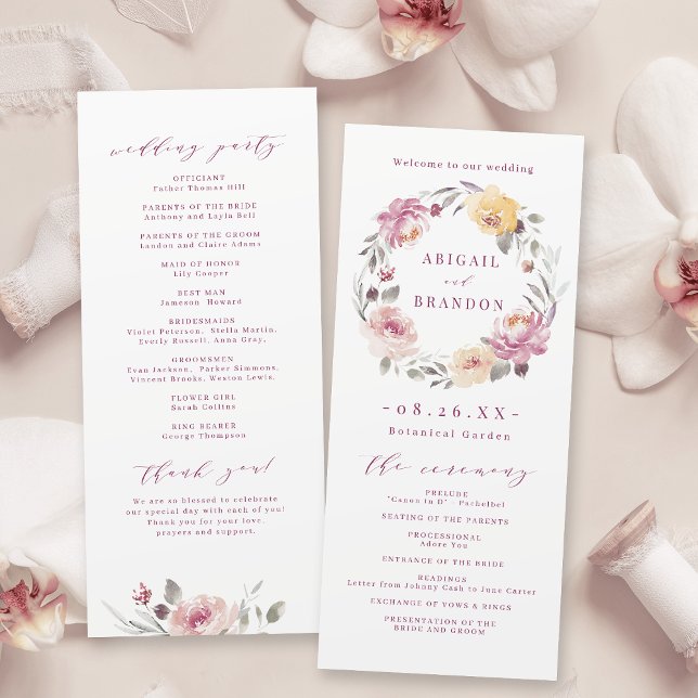 Bröllopsprogram för blommigt av romsk trädgårdsmau program (Romantic garden mauve floral wedding program)