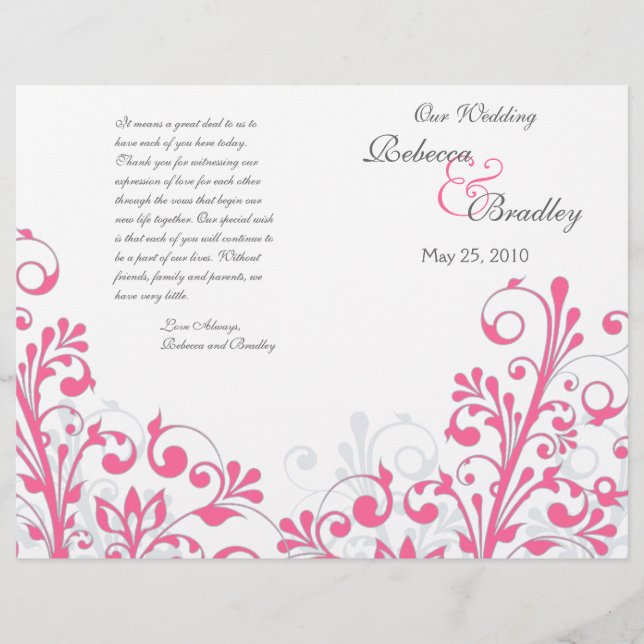 Bröllopsprogram för Blommigt av shock rosa och vit (Framsida)