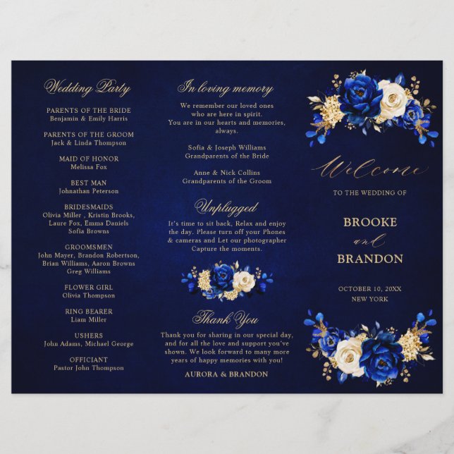 Bröllopsprogram för Blommigten Guld i royal Blue G (Framsida)