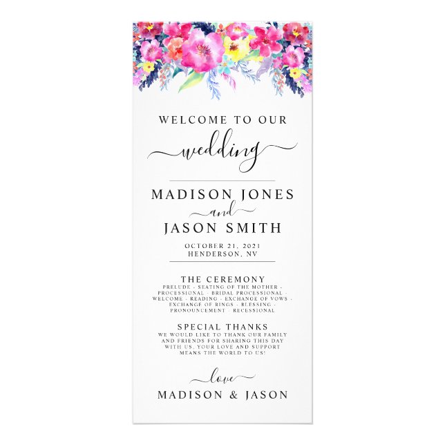 Bröllopsprogram för Blommigten Vår och shock rosa Reklamkort (Framsidan)