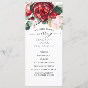 Bröllopsprogram för Burgundy Red and Rosa Blommigt Program