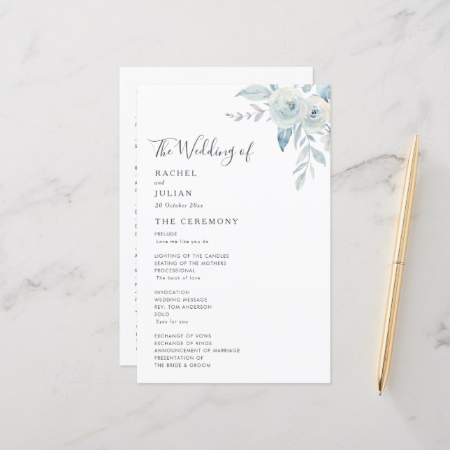 Bröllopsprogram för dammig blå blommigt (Fram/Back In Situ)