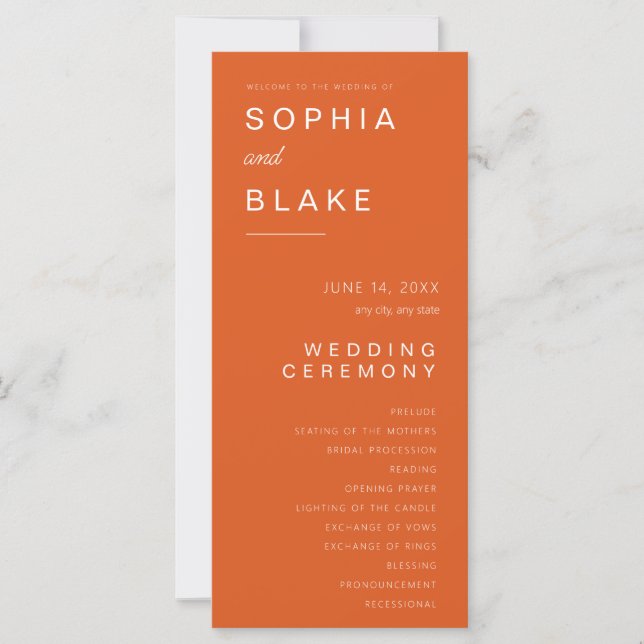 Bröllopsprogram för enkel minimalistisk Orange (Framsida)