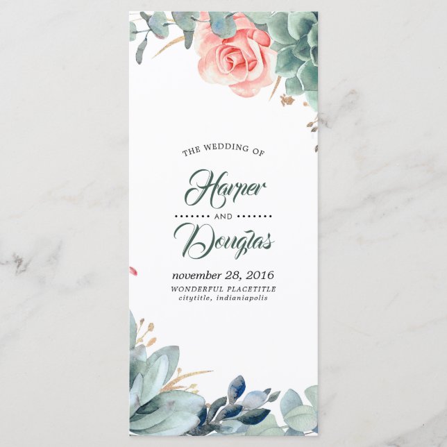 Bröllopsprogram för grön och  Rosa blomma Program (Framsida)