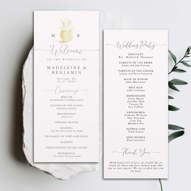 Bröllopsprogram för guld av ananas monogram Vapens (gold pineapple monogram crest wedding ceremony program elegant modern classic black white formal)