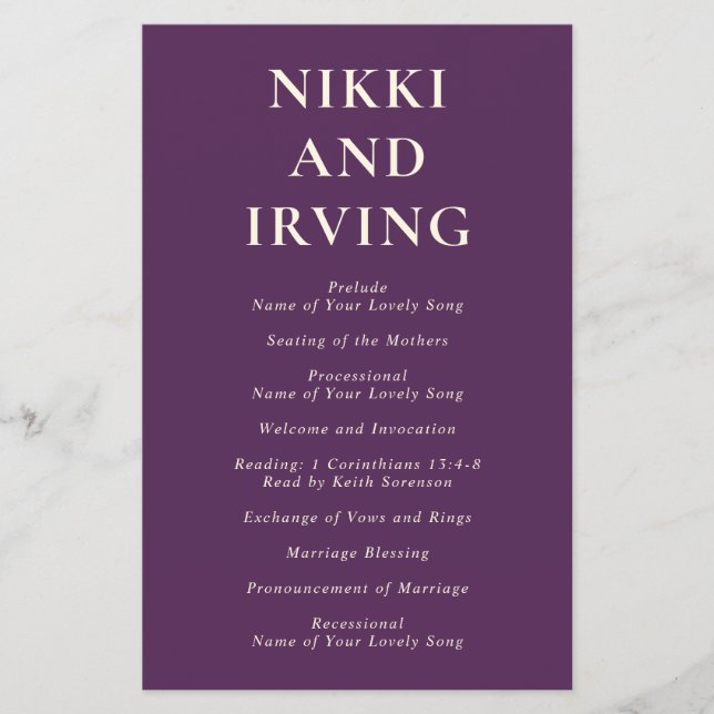 Bröllopsprogram för Lila av rensa fetstilta Typsni (Framsidan)