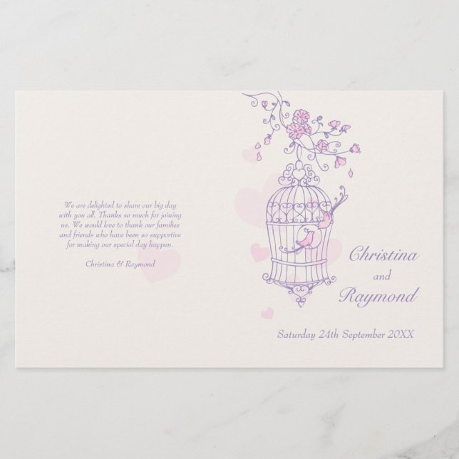 Bröllopsprogram för love birds lila rosa (Framsida)