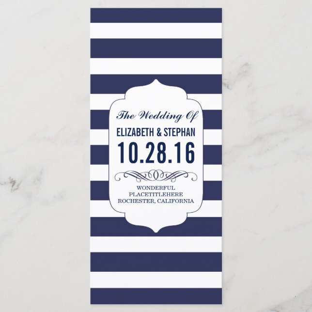 Bröllopsprogram för marin och vit rand chic program (Framsida)