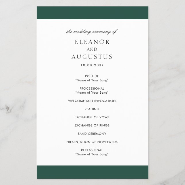 Bröllopsprogram för minimalt Emerald Grönt-budget (Framsidan)