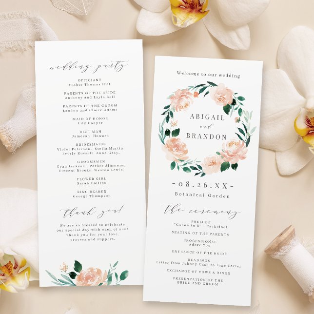 Bröllopsprogram för romsk trädgårdspersika blommig program (Romantic garden peach floral wedding program)