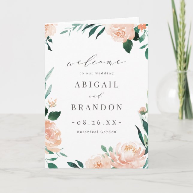 Bröllopsprogram för romsk trädgårdspersika blommig program (Framsida)