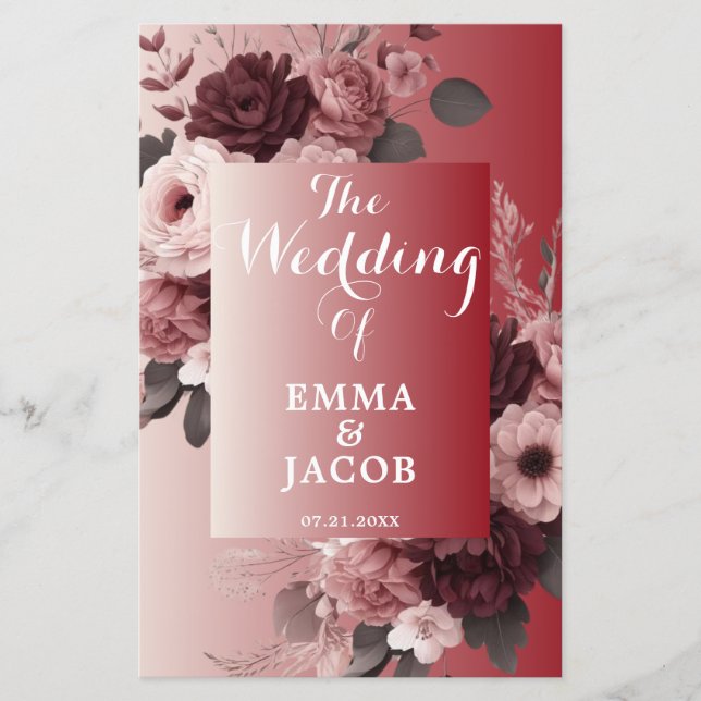 Bröllopsprogram för  Rosa Burgundy-Blommigt (Framsida)